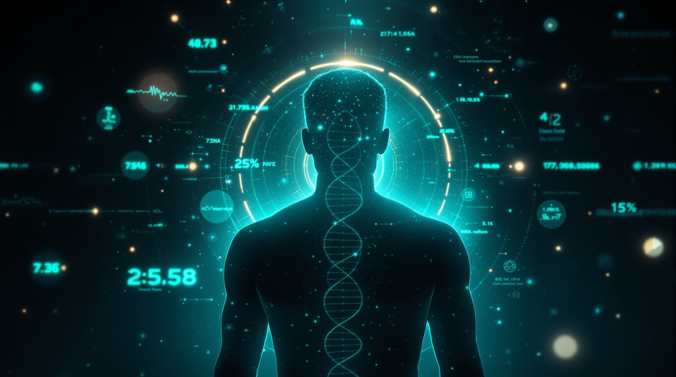 AI-powered wellness visualization with biometric overlays and longevity metrics